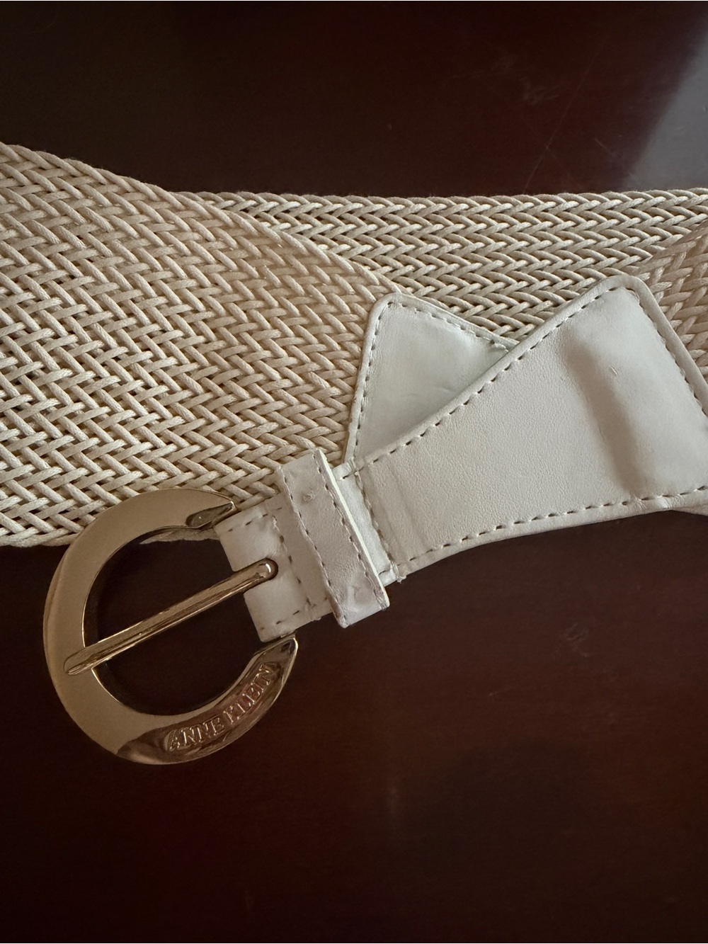 Anne Klein Cream Woven Stretch Belt with Gold-Tone Round Buckle